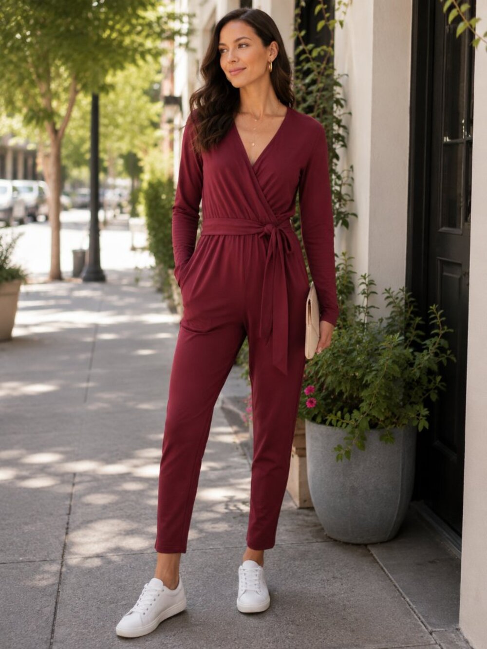 Pact Luxe Jersey Wrap Jumpsuit in Burgundy Sz. L